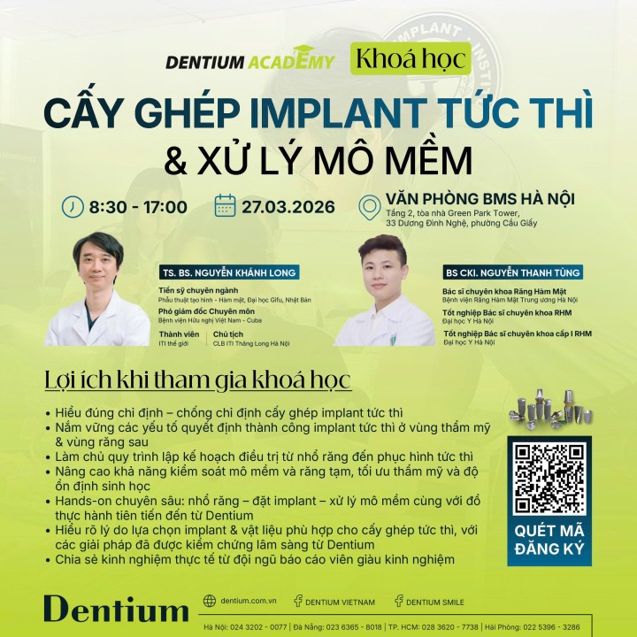 TUYỂN SINH KHÓA HỌC “CẤY GHÉP IMPLANT TỨC THÌ & XỬ LÝ MÔ MỀM” THÁNG 3/2026 TẠI HÀ NỘI